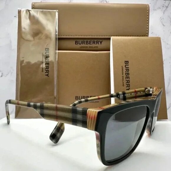 Burberry Sunglasses Black Square Classic Check Arms Brown Red White Authentic main image 7